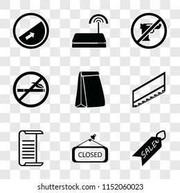 Set Of 9 simple transparency icons such as Sale, Closed, List, Stairs, Paper bag, No smoking, Gun, Wifi, Slope, can be used for mobile, pixel perfect vector icon pack on transparent background