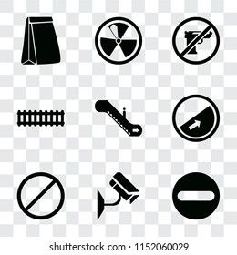 Set Of 9 simple transparency icons such as Forbidden, Cctv, Slope, Escalator, Train, Gun, Radiation, Paper bag, can be used for mobile, pixel perfect vector icon pack on transparent
