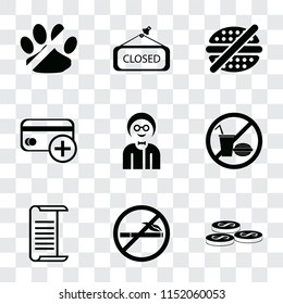Set Of 9 simple transparency icons such as Coins, No smoking, List, food, Boy, Cit card, fast Closed, pets, can be used for mobile, pixel perfect vector icon pack on transparent