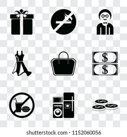 Set Of 9 simple transparency icons such as Coins, Electrical appliances, No food, Money, Tote bag, Dress, Boy, smoking, Gift, can be used for mobile, pixel perfect vector icon pack on transparent