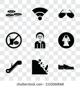 Set Of 9 simple transparency icons such as Shoes, Falling rocks, Escalator, Restroom, Boy, No food, Glasses, Wifi, Coins, can be used for mobile, pixel perfect vector icon pack on transparent