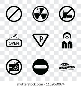 Set Of 9 simple transparency icons such as Coins, Forbidden, No camera, Boy, Parking, Open, food, Radiation, can be used for mobile, pixel perfect vector icon pack on transparent