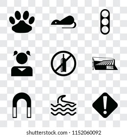 Set Of 9 simple transparency icons such as Warning, Wave, Magnet, Mall, No alcohol, Girl, Traffic light, Rats, Pet, can be used for mobile, pixel perfect vector icon pack on transparent background