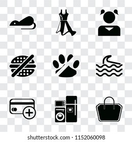 Set Of 9 simple transparency icons such as Tote bag, Electrical appliances, Cit card, Wave, No pets, fast food, Girl, Dress, Rats, can be used for mobile, pixel perfect vector icon pack on