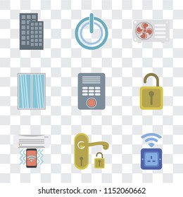 Set Of 9 simple transparency icons such as Socket, Handle, Air conditioner, Unlock, Intercom, Window, Power, Smart home, can be used for mobile, pixel perfect vector icon pack on