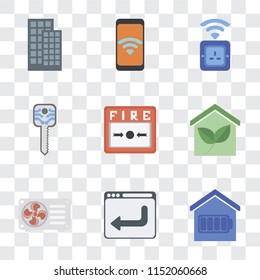 Set Of 9 simple transparency icons such as Smart home, Browser, Air conditioner, Fire alarm, key, Socket, Mobile, can be used for mobile, pixel perfect vector icon pack