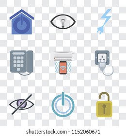 Set Of 9 simple transparency icons such as Unlock, Power, Blind, Plug, Air conditioner, Dial, Smart, Smart home, can be used for mobile, pixel perfect vector icon pack on transparent