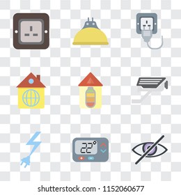 Set Of 9 simple transparency icons such as Blind, Thermostat, Power, Cctv, Home, Plug, Lightbulb, can be used for mobile, pixel perfect vector icon pack on transparent background
