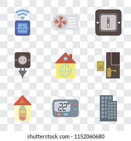 Set Of 9 simple transparency icons such as Smart home, Thermostat, Home, Doorbell, Plug, Switch, Air conditioner, Socket, can be used for mobile, pixel perfect vector icon pack on transparent