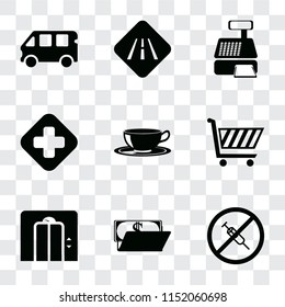 Set Of 9 simple transparency icons such as No drugs, Wallet, Lift, Shopping cart, Coffee cup, Hospital, Cashier machine, Road, Bus, can be used for mobile, pixel perfect vector icon pack on