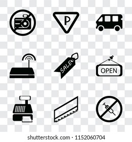 Set Of 9 simple transparency icons such as No drugs, Stairs, Cashier machine, Open, Sale, Wifi, Bus, Parking, camera, can be used for mobile, pixel perfect vector icon pack on transparent