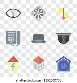 Set Of 9 simple transparency icons such as Smart home, Home, Security camera, Laptop, Dial, Temperature, Cooler, Smart, can be used for mobile, pixel perfect vector icon pack on transparent