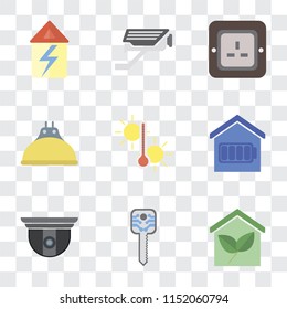 Set Of 9 simple transparency icons such as Smart home, key, Security camera, Temperature, Lightbulb, Plug, Cctv, Home, can be used for mobile, pixel perfect vector icon pack on