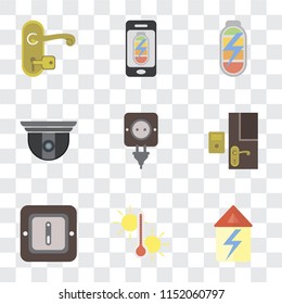 Set Of 9 simple transparency icons such as Home, Temperature, Switch, Doorbell, Plug, Security camera, Power, Mobile phone, Handle, can be used for mobile, pixel perfect vector icon pack on