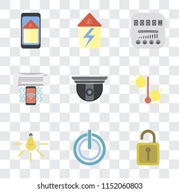 Set Of 9 simple transparency icons such as Unlock, Power, Light, Temperature, Security camera, Air conditioner, Meter, Home, Smart home, can be used for mobile, pixel perfect vector icon pack on