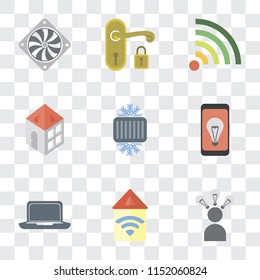 Set Of 9 simple transparency icons such as Smart, Automation, Laptop, Mobile, Cool, Home, Wifi, Handle, Cooler, can be used for mobile, pixel perfect vector icon pack on transparent background