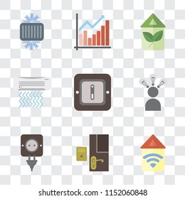 Set Of 9 simple transparency icons such as Automation, Doorbell, Plug, Smart, Switch, Air conditioner, Eco home, Chart, Cool, can be used for mobile, pixel perfect vector icon pack on transparent