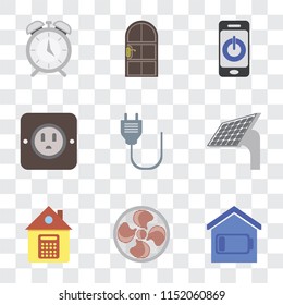 Set Of 9 simple transparency icons such as Smart home, Fan, Home, Panel, Plug, Smartphone, Door, Alarm, can be used for mobile, pixel perfect vector icon pack on transparent background