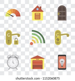 Set Of 9 simple transparency icons such as Mobile, Garage, Alarm, Doorknob, Wifi, Handle, Door, Home, Meter, can be used for mobile, pixel perfect vector icon pack on transparent background