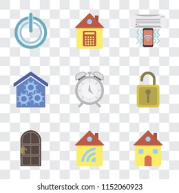 Set Of 9 simple transparency icons such as Home, Door, Unlock, Alarm, Smart home, Air conditioner, Power, can be used for mobile, pixel perfect vector icon pack on transparent background