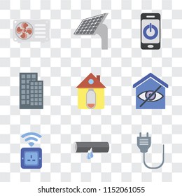 Set Of 9 simple transparency icons such as Plug, Leak, Socket, Smart home, Home, Smartphone, Panel, Air conditioner, can be used for mobile, pixel perfect vector icon pack on transparent