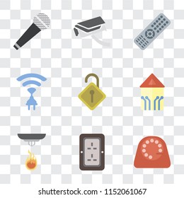 Set Of 9 simple transparency icons such as Dial, Plug, Sensor, Smart home, Locked, Wireless, Remote, Security camera, Microphone, can be used for mobile, pixel perfect vector icon pack on transparent