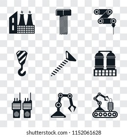 Set Of 9 simple transparency icons such as Conveyor, Industrial robot, Walkie talkie, Refinery, Screw, Crane, Drilling machine, Bolt, Factory, can be used for mobile, pixel perfect vector icon pack