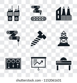 Set Of 9 simple transparency icons such as Saw, Planning, Control panel, Oilfield, Bolt, Drilling machine, Factory, Conveyor, Walkie talkie, can be used for mobile, pixel perfect vector icon pack on