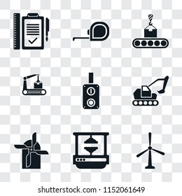 Set Of 9 simple transparency icons such as Windmill, Machine press, Mill, Excavator, Switch, Conveyor, Measuring tape, Plan, can be used for mobile, pixel perfect vector icon pack on