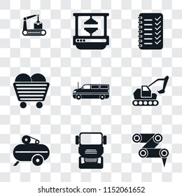 Set Of 9 simple transparency icons such as Robot arm, Truck, Compressor, Excavator, Cargo truck, Coal, Planning, Machine press, Conveyor, can be used for mobile, pixel perfect vector icon pack on