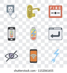 Set Of 9 simple transparency icons such as Power, Mobile, Blind, Browser, Mobile phone, Fire alarm, Handle, Plug, can be used for mobile, pixel perfect vector icon pack on transparent