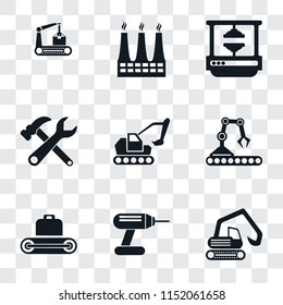 Set Of 9 simple transparency icons such as Digger, Drill, Conveyor, Excavator, Tools, Machine press, Factory, can be used for mobile, pixel perfect vector icon pack on transparent