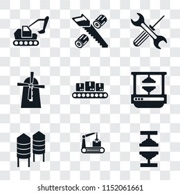 Set Of 9 simple transparency icons such as Machine press, Conveyor, Silo, Mill, Tools, Wood cutting, Excavator, can be used for mobile, pixel perfect vector icon pack on