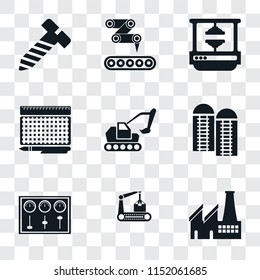 Set Of 9 simple transparency icons such as Factory, Conveyor, Control panel, Silo, Excavator, print, Machine press, Bolt, can be used for mobile, pixel perfect vector icon pack on