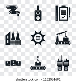 Set Of 9 simple transparency icons such as Walkie talkie, Conveyor, Packages, Options, Factory, Plan, Switch, Drilling machine, can be used for mobile, pixel perfect vector icon pack on