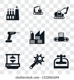 Set Of 9 simple transparency icons such as Machine press, Maintenance, Conveyor, Factory, Drill, Excavator, can be used for mobile, pixel perfect vector icon pack on