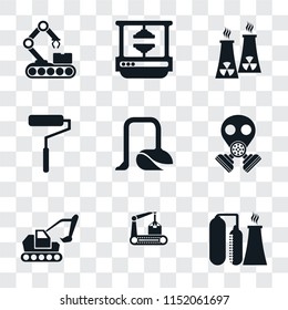Set Of 9 simple transparency icons such as Refinery, Conveyor, Excavator, Gas mask, Vacuum, Roller, Nuclear plant, Machine press, can be used for mobile, pixel perfect vector icon pack on