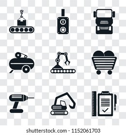 Set Of 9 simple transparency icons such as Plan, Digger, Drill, Coal, Conveyor, Compressor, Truck, Switch, can be used for mobile, pixel perfect vector icon pack on transparent background