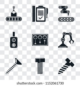 Set Of 9 simple transparency icons such as Bolt, Screw, Industrial robot, Control panel, Switch, Conveyor, Plan, can be used for mobile, pixel perfect vector icon pack on transparent