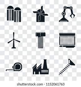 Set Of 9 simple transparency icons such as Screw, Factory, Measuring tape, print, Bolt, Windmill, Industrial robot, Mill, Silo, can be used for mobile, pixel perfect vector icon pack on transparent