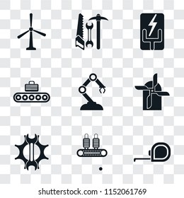 Set Of 9 simple transparency icons such as Measuring tape, Conveyor, Settings, Mill, Robotic arm, Electricity, Tools, Windmill, can be used for mobile, pixel perfect vector icon pack on