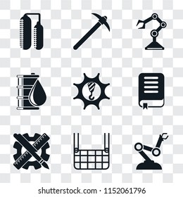 Set Of 9 simple transparency icons such as Robot arm, Elevator, Planning, Book, Machinery, Oil, Pick, Silo, can be used for mobile, pixel perfect vector icon pack on transparent background