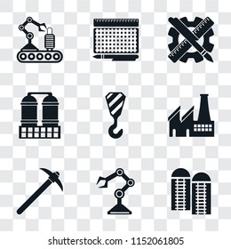 Set Of 9 simple transparency icons such as Silo, Robot arm, Pick, Factory, Crane, Refinery, Planning, print, Conveyor, can be used for mobile, pixel perfect vector icon pack on transparent background
