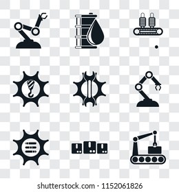 Set Of 9 simple transparency icons such as Conveyor, Packages, Options, Robotic arm, Settings, Machinery, Oil, Robot can be used for mobile, pixel perfect vector icon pack on