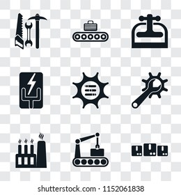 Set Of 9 simple transparency icons such as Packages, Conveyor, Factory, Maintenance, Options, Electricity, Machine press, Tools, can be used for mobile, pixel perfect vector icon pack on