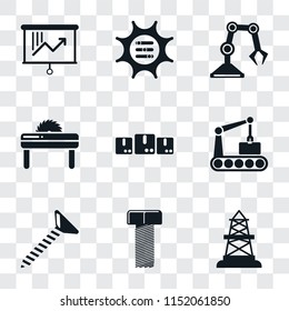 Set Of 9 simple transparency icons such as Oilfield, Bolt, Screw, Conveyor, Packages, Saw, Industrial robot, Options, Planning, can be used for mobile, pixel perfect vector icon pack on transparent