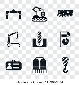 Set Of 9 simple transparency icons such as Crane, Refinery, Id card, Plan, Drill, Robotic arm, Tank truck, Conveyor, Pipe, can be used for mobile, pixel perfect vector icon pack on transparent