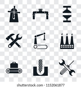 Set Of 9 simple transparency icons such as Tools, Drill, Conveyor, Factory, Robotic arm, Machine press, Pipe, Mill, can be used for mobile, pixel perfect vector icon pack on transparent