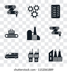 Set Of 9 simple transparency icons such as Factory, Walkie talkie, Cargo truck, Drilling machine, Conveyor, Planning, Cogwheel, Robot arm, can be used for mobile, pixel perfect vector icon