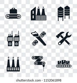 Set Of 9 simple transparency icons such as Conveyor, Drilling machine, Factory, Tools, Wood cutting, Walkie talkie, Silo, can be used for mobile, pixel perfect vector icon pack on